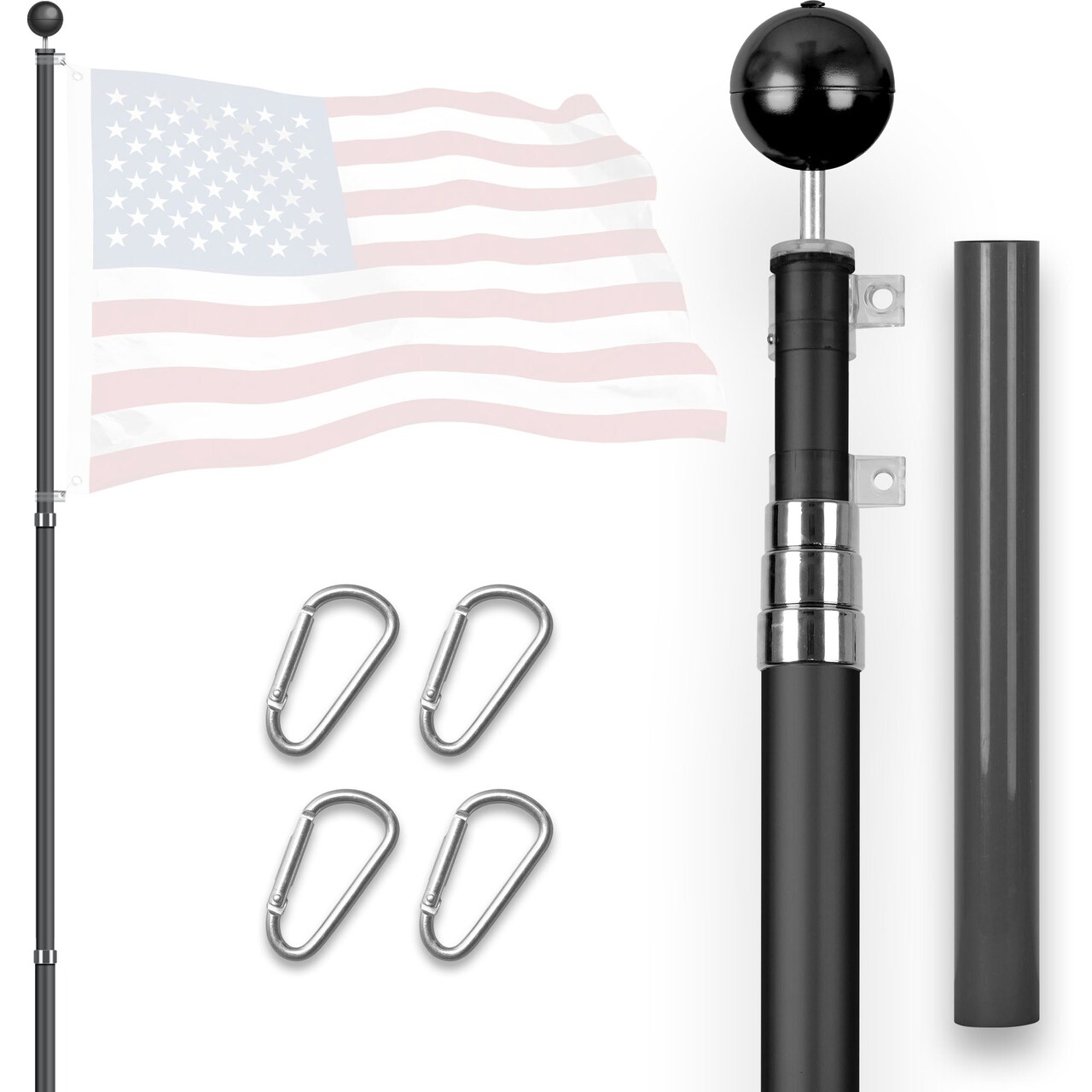 G128 16Ft Telescoping Aluminum Black Flagpole | In Ground Heavy Duty Telescopic Flag Pole for Commercial/Residential Use | Flag NOT Included